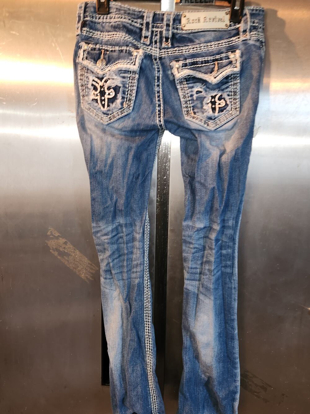 Rock Revival Kai Boot Cut Jeans Embellished Rhinestone Flap Pockets Women's